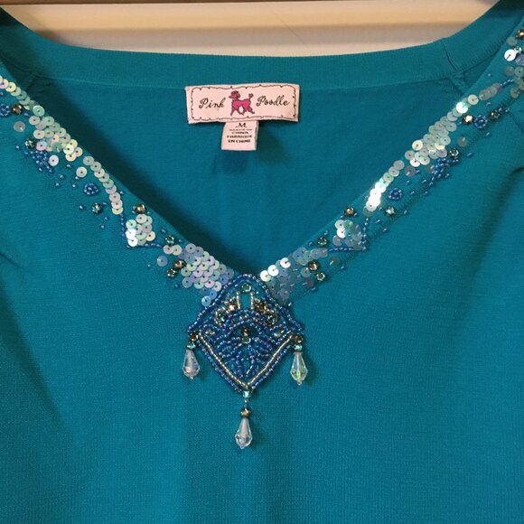 Pink Poodle Teal Mermaid Scale and Diamond Bead Cap Sleeve Top - Picture 4 of 16